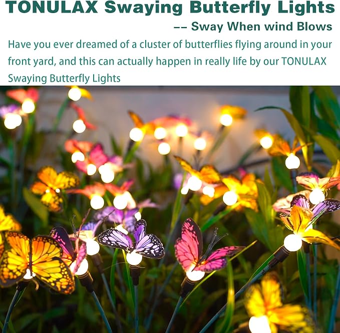 TONULAX Solar Garden Lights - 2 Pack Swaying Butterfly Light, Swaying in The Wind, Solar Outdoor Lights, Yard Patio Pathway Decoration, High Flexibility Iron Wire & Realistic Butterflies