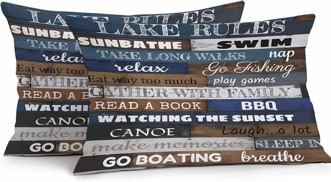 Vandarllin Outdoor Throw Pillows Covers 20x12 inch Set of 2 Waterproof Lake Rules on Wood Grain Decorative Zippered Cushion Covers for Patio Furniture, Rustic Text Wooden Lumbar Pillowcases