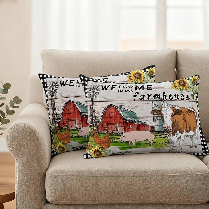 Outdoor Waterproof Pillow Covers 20x12Inch Farmhouse Animal Barn Chicken Pig Cow Throw Pillowcases for Patio Garden Couch Sofa Retro Wood Grain Farm Scene Decorative Cushin Case,Pack of 2