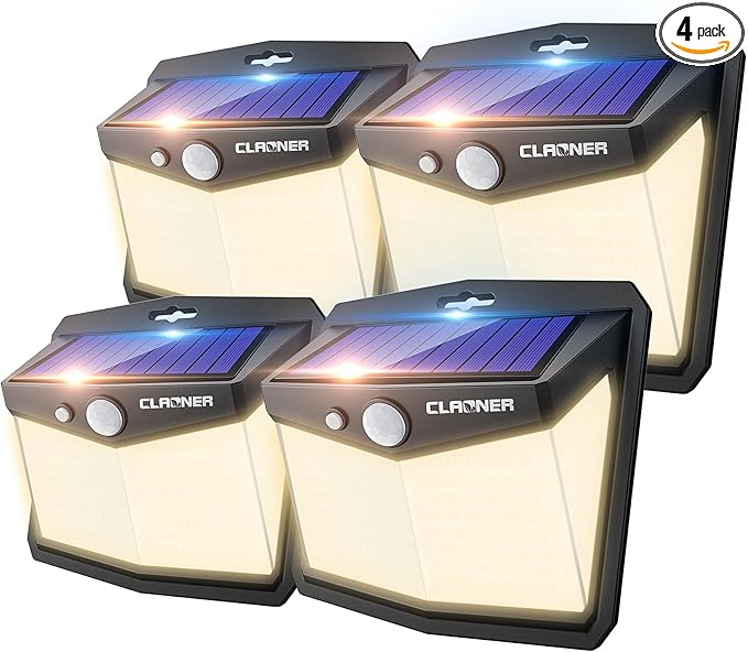CLAONER Solar Lights Outdoor, [128 LED/4 Packs] Solar Motion Sensor Lights 3 Working Modes Outdoor Lights with 270° Wide Angle Wireless IP65 Waterproof Solar Security Light for Fence Patio, Warm White