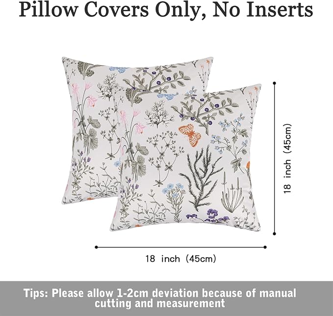 Pyonic Waterproof Outdoor Pillow Covers 18x18 Inch Set of 2 Sage Green Wild Flower Plant Butterfly Outdoor Pillows for Patio Furniture Porch Chair Spring Summer Decoration for Home