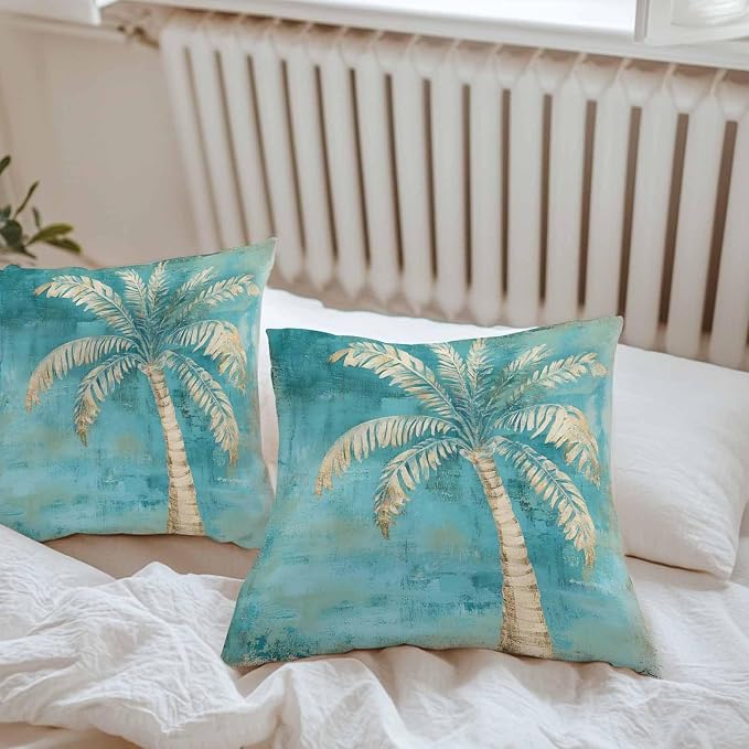Coastal Beach Tree Green Outdoor Waterproof Pillow Covers, Vintage Tropical Flower Plant Decorative Square Throw Pillowcase Sofa Cushion Sham for Patio/Couch/Chair, 16"x16" 2 Pack