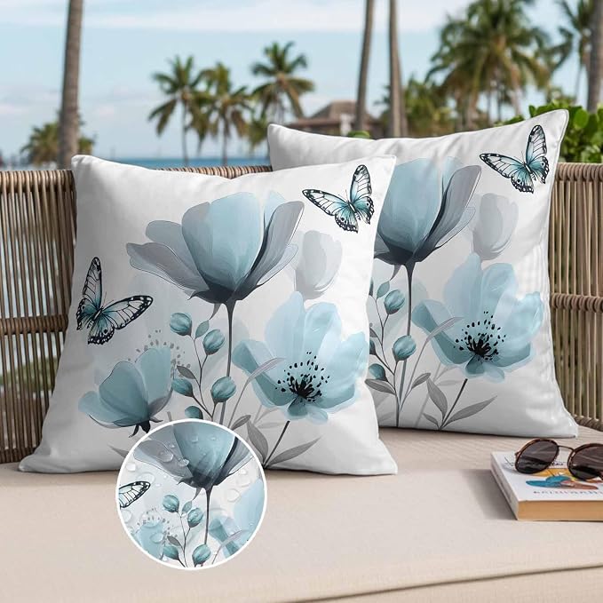Spring Blue Tulip Waterproof Outdoor Pillow Covers Set of 2 Home Decor, Pastoral Botanical Florals Simple Pillowcase Patio Pillow Covers for Couch Bench Furniture Garden 16x16in