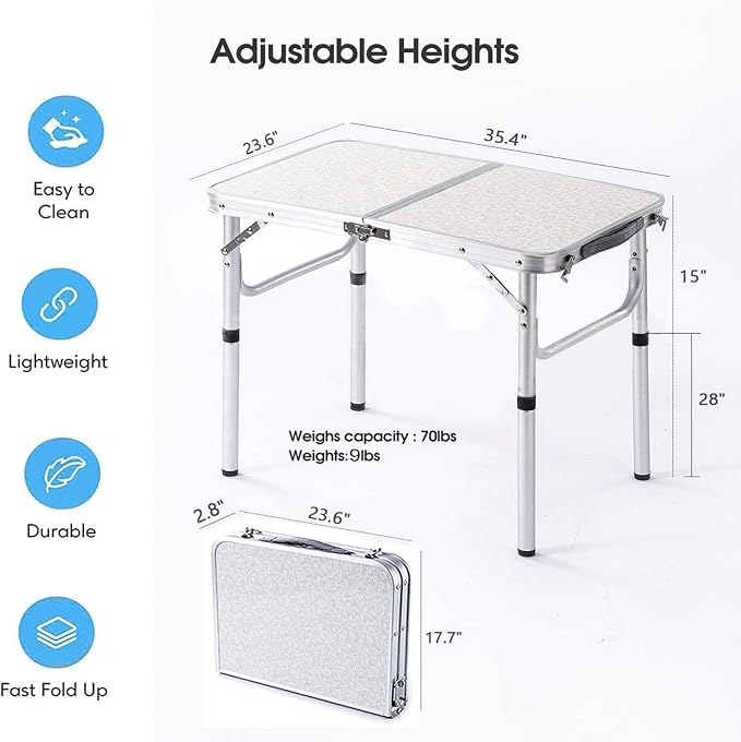 YUFIFAIRY Aluminum Camp Table, Folding Table Portable,Lightweight,Foldable with 2 Adjustable Height, Indoor Outdoor Table for Cooking, Picnic, 2 Heights, 36''L x24''W