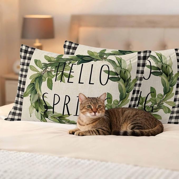Hello Spring Outdoor Pillow Covers Pack of 2 Green Leaf Plant Black Plaid Vintage Linen Texture Waterproof Throw Pillow Covers Decorative Cushion Cases for Patio Garden Tent Balcony Couch 20x12 inch