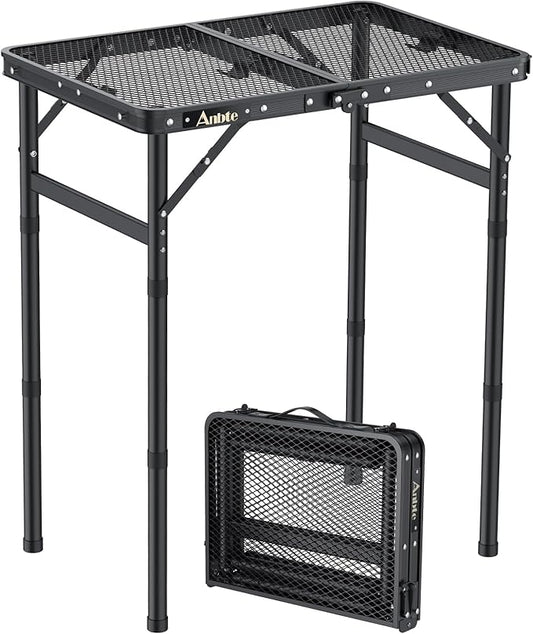 Anbte Folding Grill Table, Aluminum Camping Table Adjustable Height Max 27.5" Picnic Table Outdoor Table, Lightweight, Portable Handle for Travel Cooking BBQ Picnic, 22.8" x 16", Black