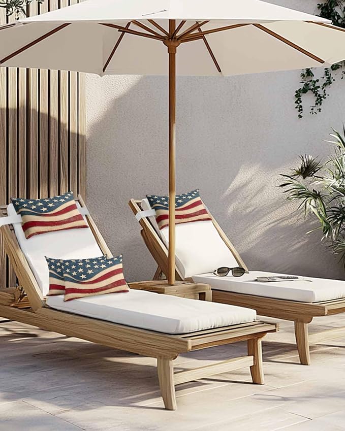 Pack of 2 Outdoor Lumbar Pillow Covers 12x20 Inch, Vintage American Flag Waterproof Throw Pillow Covers Set, Blue Red White Star US Flag Indoor&Outdoor Decorative Cushion Cases for Patio Porch Beach