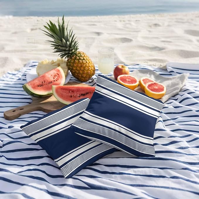 Vandarllin Outdoor Throw Pillows Covers 16x16 inch Set of 2 Waterproof Navy Blue Stripes Decorative Zippered Cushion Covers for Patio Furniture, Striped Lines Lumbar Pillowcases