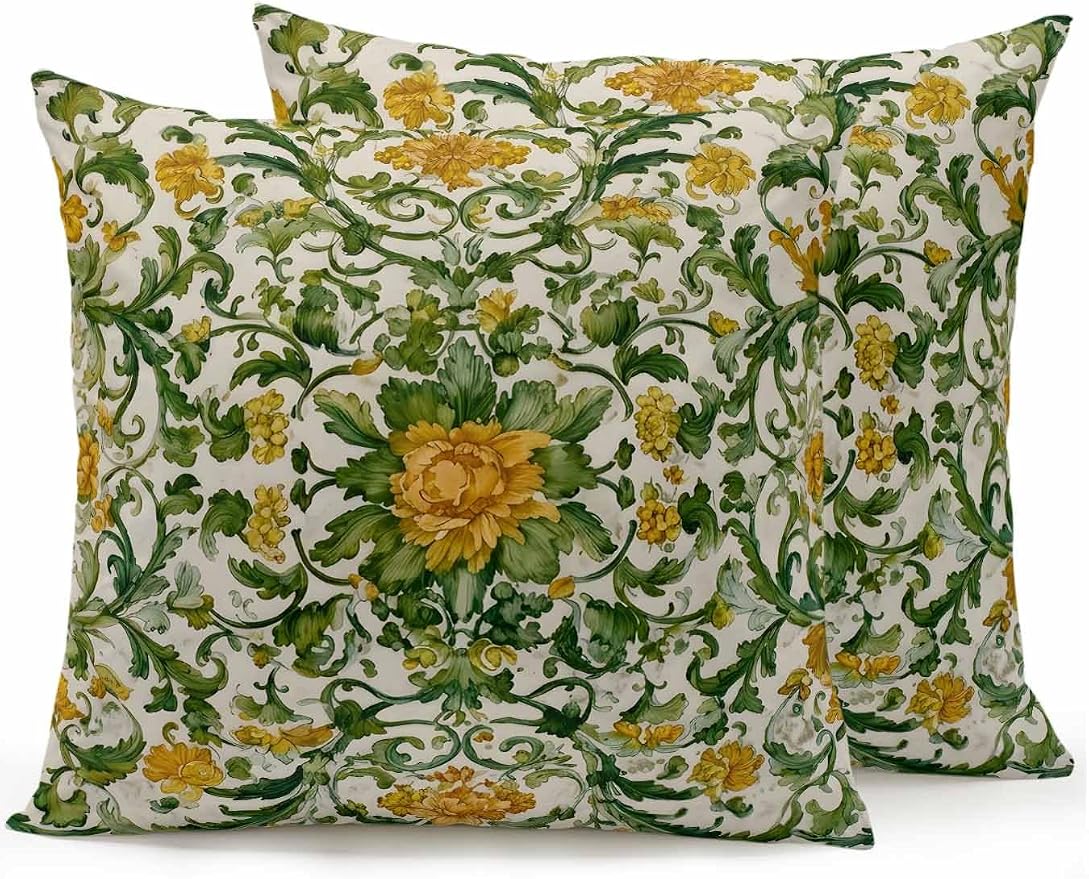 Outdoor Pillows with Inserts Set of 2 18x18, Yellow Green Boho Waterproof Outdoor/Indoor Throw Pillows, Classic Floral Farmhouse Botanical Decorative Pillow for Bed Couch Sofa Patio Furniture