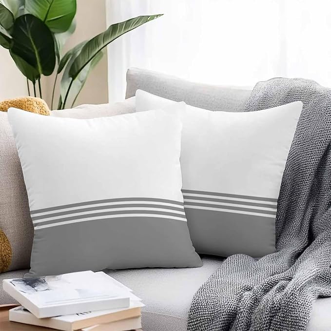 Throw Pillow Covers 20x20 Inch Set of 2, Grey White Striped Waterproof Outdoor Cushion Covers, Modern Abstract Art Aesthetics Decorative Pillowcases for Couch, Sofa, Bed, Garden, Patio