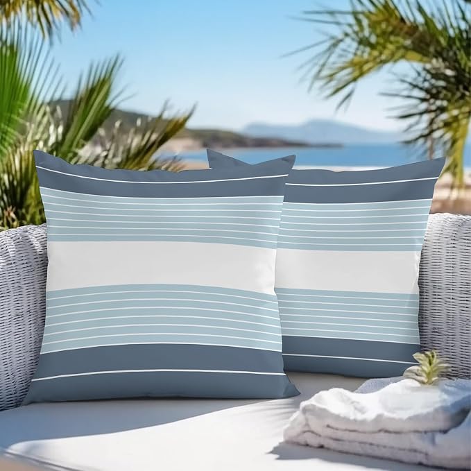 Haze Blue Aqua Stripe Outdoor Pillow Covers Waterproof, All Weather Cushion Case Set of 2, Modern Art Horizontal Striped Decorative Pillowcases for Sofa Couch Bed Decor Patio Furniture 16"x16"