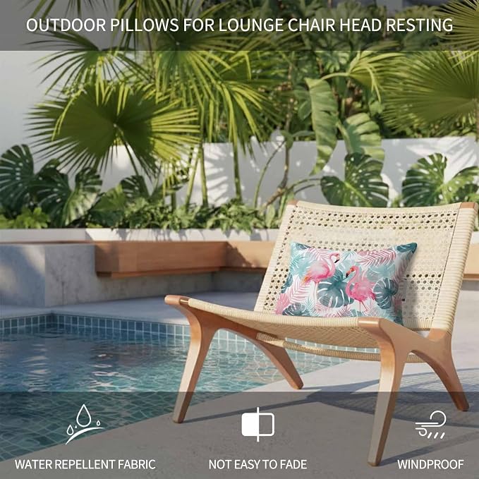 Outdoor Lumbar Pillow Set of 2, Flamingos Waterproof Beach Headrest Pillow with Inserts, Green Summer Monstera Leaves Tropical Botanical Recliner Throw Pillows for Patio Furniture, 11 x 16