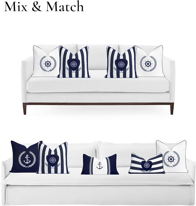 Hofdeco Premium Coastal Outdoor Performance Throw Pillow Cover Only, 18"x18" Water Repellent, UV and Fade Resistant for Backyard, Couch, Poolside, Navy Blue Embroidered Nautical Yacht Stripe