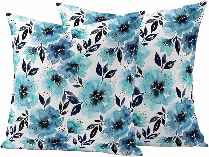 Botanical Floral Leaves Outdoor Pillow Covers 20"x20" Set of 2, Watercolor Painting Blue Gradient Blooms Waterproof Throw Pillow Covers for Patio Furniture, Decorative Cushion Covers for Porch