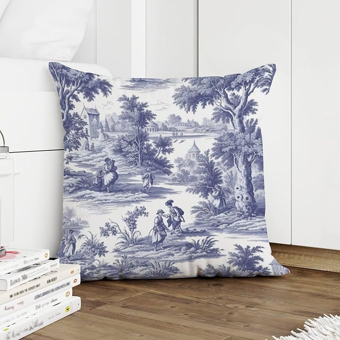 Throw Pillow Covers Navy White Blue Decorative Toile Print Cushion Cases Modern French Charmed Life Toile Pillow Cover Accent Decorative Cushion Cases Home Decor for Patio Couch 16x16 in