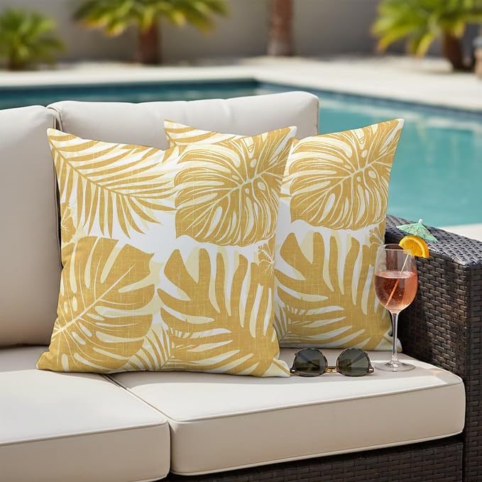 Yellow Palm Leaves Outdoor Pillow Covers 20"x20" Set of 2, Tropical Botanical Minimalist Modern Waterproof Throw Pillow Covers for Patio Furniture, Decorative Cushion Covers for Porch