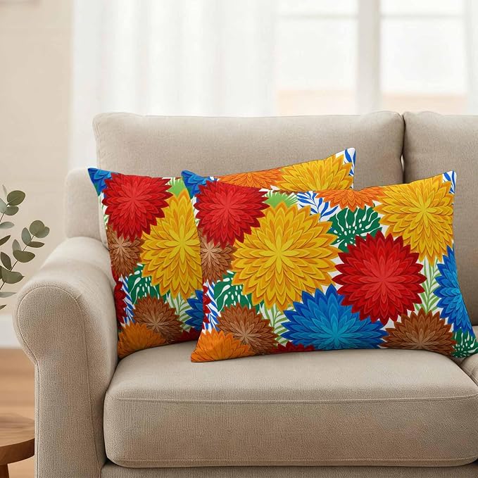 Red Yellow Blue Flowers Outdoor Pillow Covers Waterproof, All Weather Cushion Case Set of 2, Boho Colorful Floral Plant Lumbar Pillowcase for Sofa Couch Bed Decor Patio Furniture 20"x12"