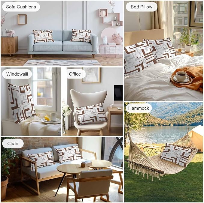Vandarllin Outdoor Throw Pillows Covers 20x12 inch Set of 2 Waterproof Brown Geometric Stripes Decorative Zippered Cushion Covers for Patio Furniture, Modern Abstract Lines Lumbar Pillowcases