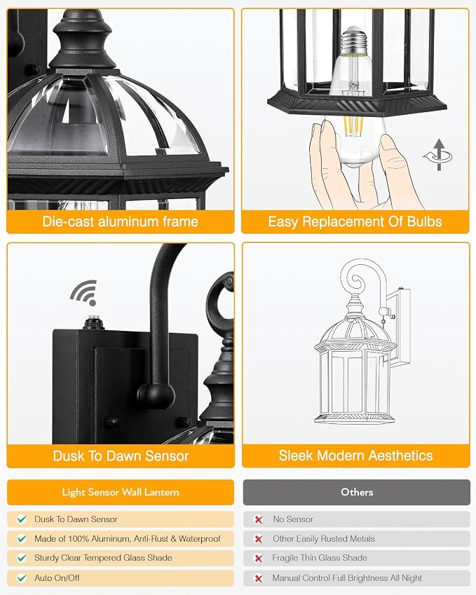 VIANIS 15.7" Large Outdoor Wall Lights, Black Exterior Lighting Fixtures with Tempered Beveled Glass, Anti-Rust Dusk to Dawn Outdoor Lighting for House, Waterproof Outdoor Sconce Lights for Porch