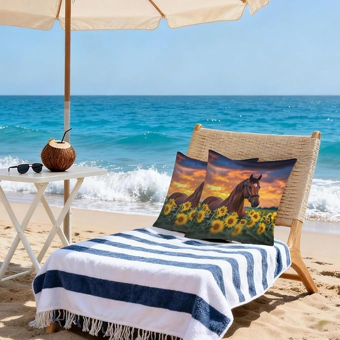 18x18 Inch Outdoor Pillow Covers Set of 2 Waterproof Throw Pillow Covers Decorative Couch Cushion Covers Brown Horse Sunflower Square Pillowcases Protectors for Patio Garden Sofa