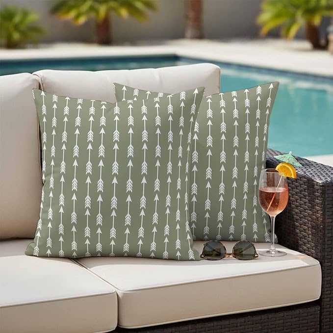 Arrow Outdoor Pillow Covers 26"x26" Set of 2, Abstract Rustic Western Tribal Geometric Arrow Sage Green Waterproof Throw Pillow Covers for Patio Furniture, Decorative Cushion Covers for Porch