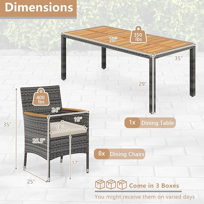 HAPPYGRILL 9 Pieces Patio Dining Set for 8, Outdoor Acacia Wood Table and Rattan Chairs with 2" Umbrella Hole, Cushions, Wicker Outdoor Dining Furniture Set for Backyard, Garden, Deck