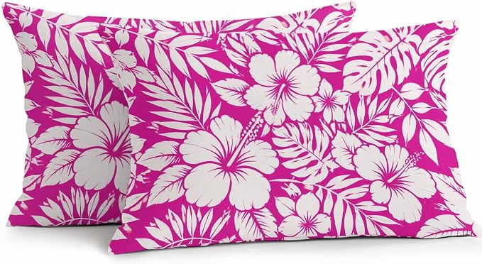 Pink Hibiscus Flowers Waterproof Outdoor Pillow Covers Set of 2 Home Decor, Tropical Monstera Leaves Lumbar Pillowcase Patio Pillow Covers for Couch Bench Patio Furniture Garden 20x12in