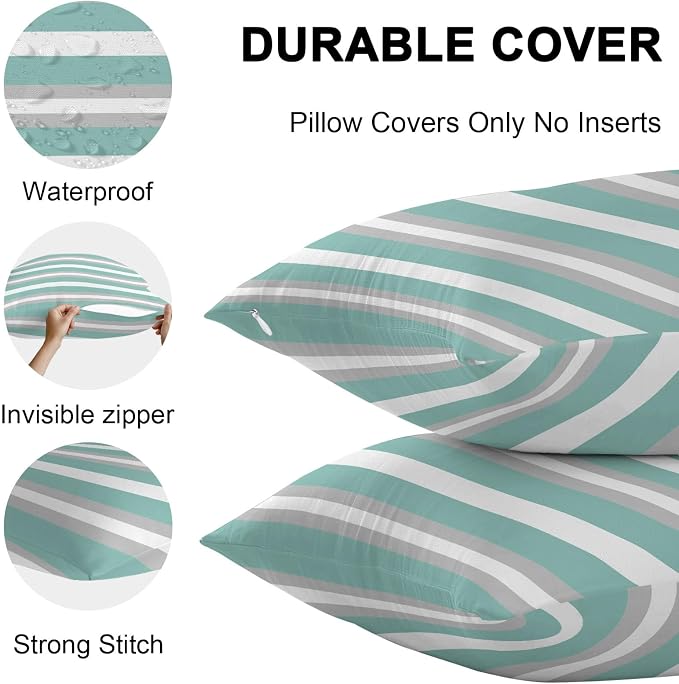 Aqua Grey Stripe Outdoor Pillow Covers Waterproof, All Weather Cushion Case Set of 2, Minimalist Farmhouse Striped Lumbar Pillowcase for Sofa Couch Bed Decor Patio Furniture 20"x12"