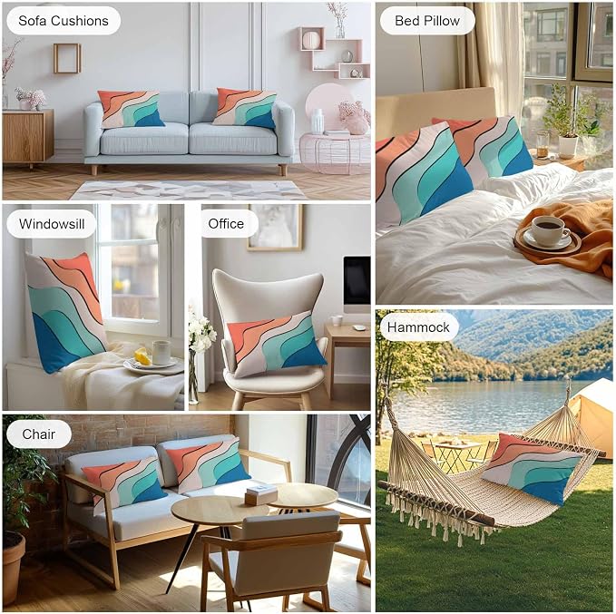 Orange Teal Ombre Outdoor Pillow Covers 20x12 Inch Lumbar Pillow Covers Set of 2 Waterproof Decorative Throw Pillow Cases Modern Moire Abstract Art Cushion Covers for Patio Furniture Garden Couch Sofa