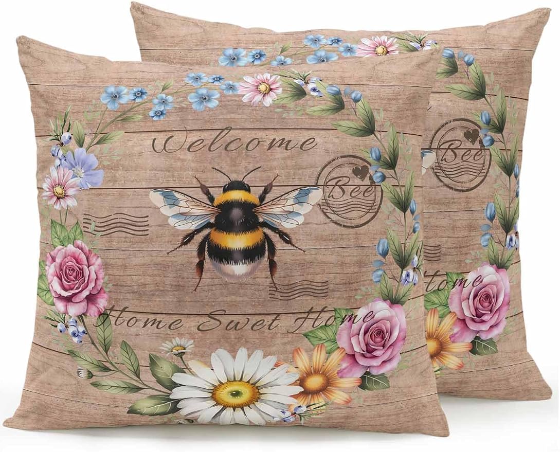 Outdoor Waterproof Throw Pillows Farmhouse Bee Flower Wreath Patio Pillows Pack of 2,Decorative Pillow Covers with Insert,Pillow Cushion Case for Garden Couch Sofa Farm Retro Wood Board