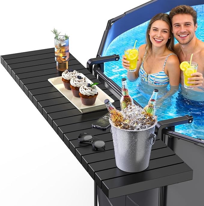 Pool Bar for Above Ground Pools, Stable Poolside Drink & Snack Table Supports Up to 110 lbs, Large Heavy-Duty Metal Poolside Bar Fits ≤4.4” Rails for Framed Round & Oval Pools, Ideal for Pool Parties