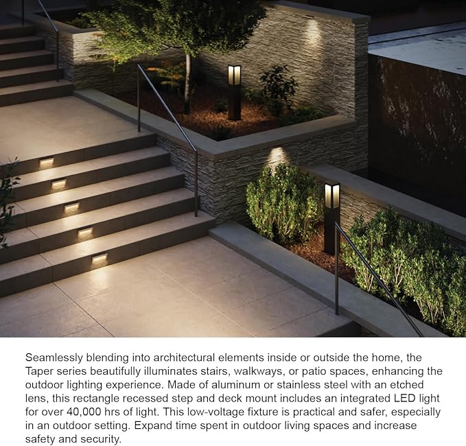 Hinkley Taper 12V Integrated LED Horiz. Step Light, Matte Black Stainless | Recess Mount, Deck Light, Low Voltage, Landscape, Etched Glass, ADA, Outdoor, Aluminum, Wiring Kit Included, Easy Install