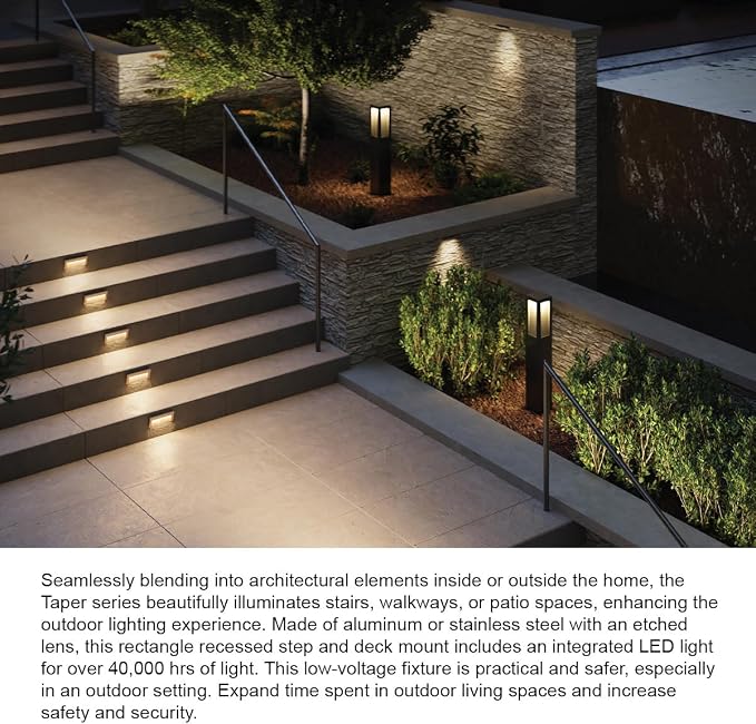 Hinkley Taper 12V Integrated LED Horizontal Step Light, Satin Black Finish | Recess Mount, Deck Light, Low Voltage, Landscape, Etched Glass, ADA, Outdoor, Aluminum, Wiring Kit Included, Easy Install