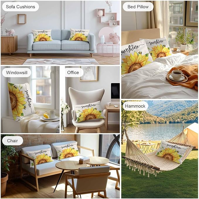 Vintage Yellow Sunflower Bee Outdoor Throw Pillow Covers Set of 2,Decorative Waterproof Pillowcase, Rustic Botanical on Linen Cushion Case for Patio Garden Couch Sofa Tent Bed 20x12 Inches