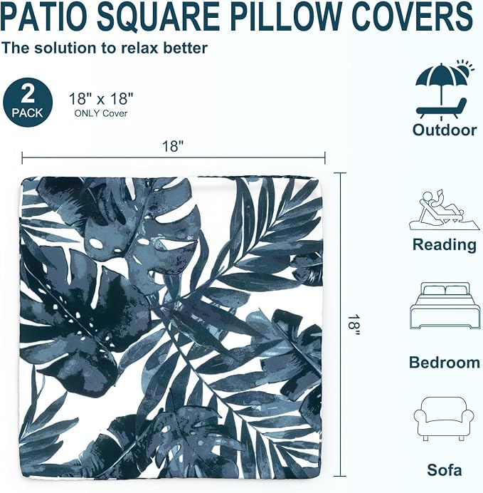 DYTXIII Pack of 2 Outdoor Waterproof Pillow Covers ONLY, 18"x18" Square Decorative Double Printed Throw Pillow Cases for Patio Couch Porch Furniture, Palm Blue