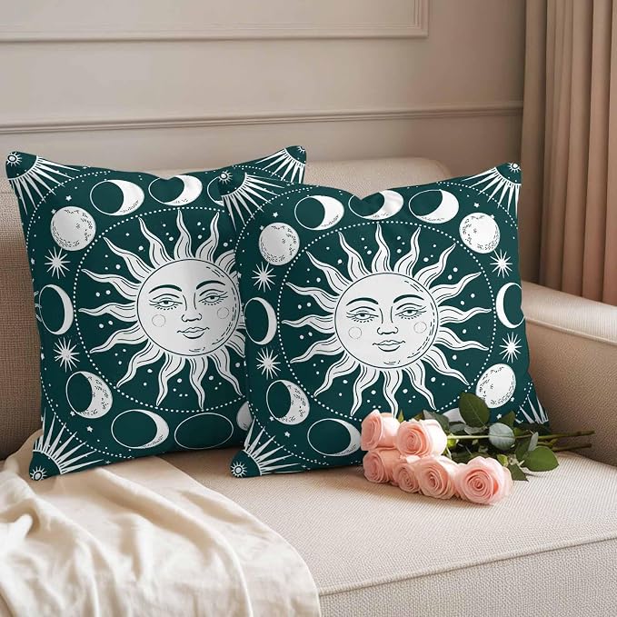 Celestial Sun and Moon Waterproof Outdoor Pillow Covers Set of 2 Home Decor, Green Starry Galaxy Boho Pillowcase Patio Pillow Covers for Couch Bench Patio Furniture Garden 24x24in