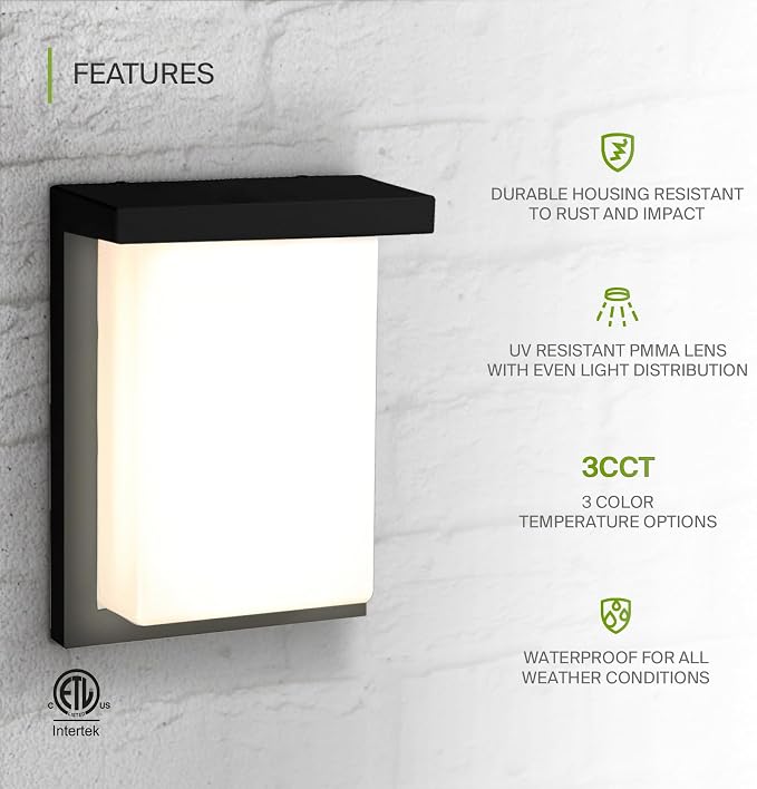 ASD LED 8" Outdoor Wall Light, Front Door House Sconce | 3CCT, Dimmable, Waterproof, ETL Listed | 12W 900LM 3000-5000K 120V | Exterior Patio Lighting Fixture, Flush Mount Porch Lamp | Black, 4 Pack