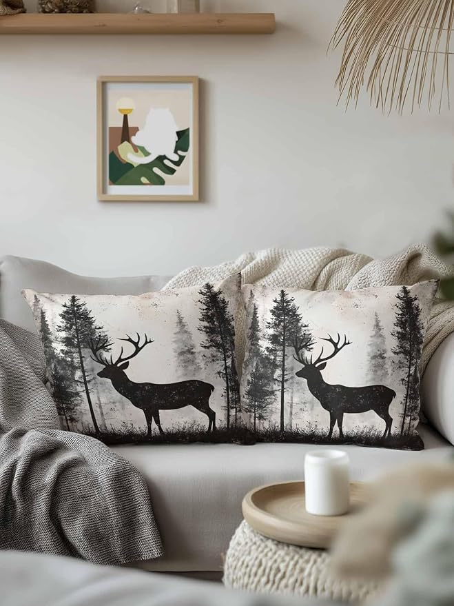 Outdoor Pillows Waterproof, Forest Deer Bedding Throw Pillows with Insert for Couch Sofa Bed, Rustic Country Wildlife Woodland Black Beige 18x18 Inch Pillowcases Camping Patio Pillow Set of 1