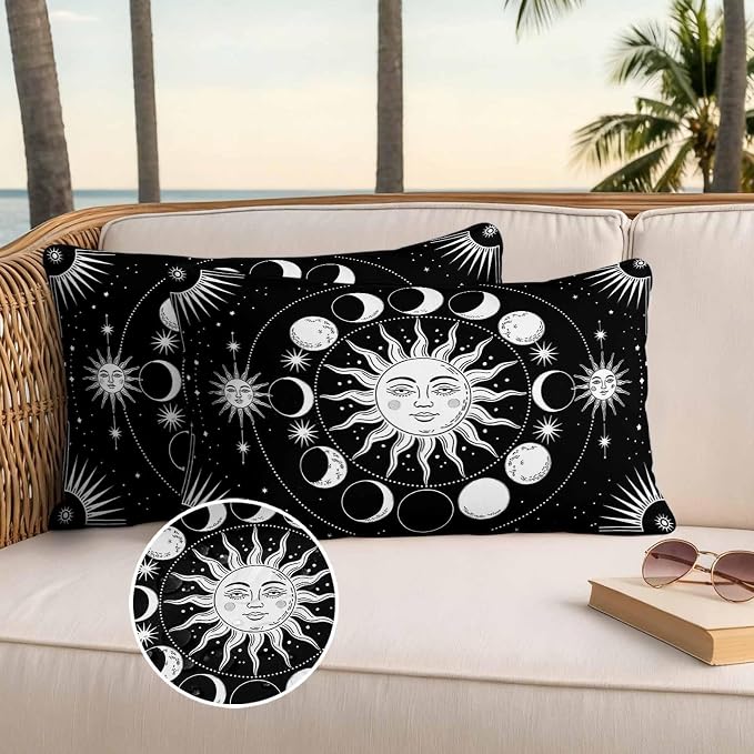 Celestial Sun and Moon Waterproof Outdoor Pillow Covers Set of 2 Home Decor, Black Starry Galaxy Boho Lumbar Pillowcase Patio Pillow Covers for Couch Bench Patio Furniture Garden 20x12in