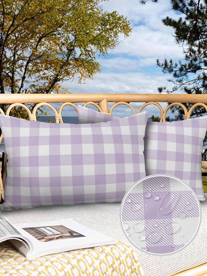 Outdoor Waterproof Throw Pillow Covers Set of 2 Lavender Buffalo Check Plaid Lumbar Pillowcases 20x12 Inches Farmhouse Style Patio Decorative Pillows Cushion Case Patio Pillows for Couch Bed Garden