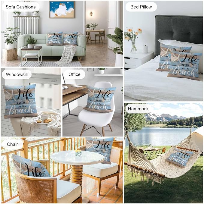 Summer Outdoor Pillow Covers Set of 2,Ocean Life Texts Starfish Decorative Waterproof Throw Pillow Case,Retro Blue Wood Plank Cushion Pillowcases for Couch Garden Patio Beach,20x20In