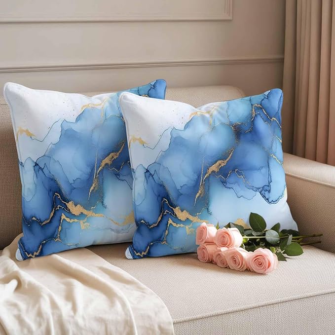 Abstract Marble Texture Outdoor Waterproof Throw Pillow Covers Set of 2, 24"x24", Gold Blue Gradient Modern Art Decoration Decorative Pillow Covers Outside Cushion Case for Patio Porch Garden