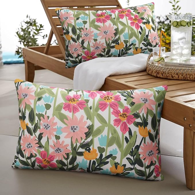Pyonic Outdoor Pillows Cover Pack of 2 Floral Waterproof Throw Pillow Covers 12X20 inch Outdoor Lumbar Pillows for Patio Furniture Garden Outside Waterproof Throw Pillows
