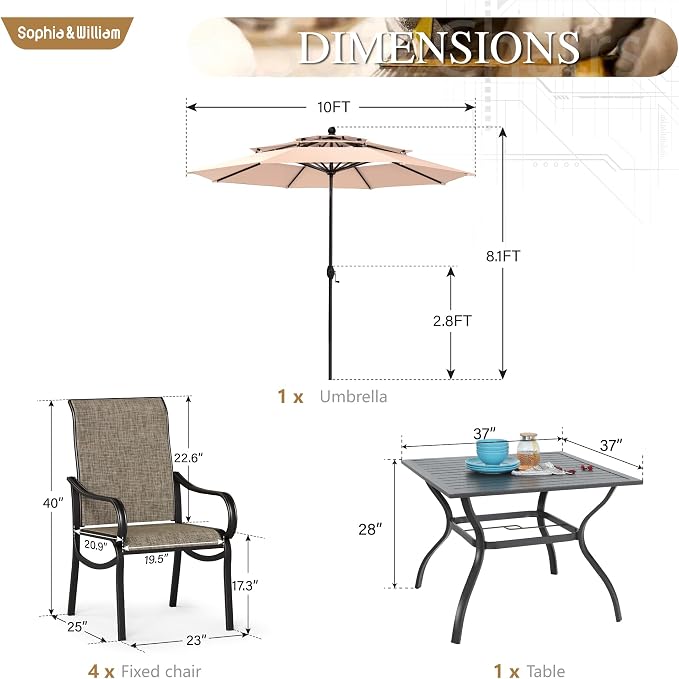 Sophia & William Patio Set with Umbrella Outdoor Dining Set with 10ft 3 Tier Beige Patio Umbrella, 4 x Fixed Dining Chairs & 1 Metal Table for Garden Backyard (No Umbrella Base)