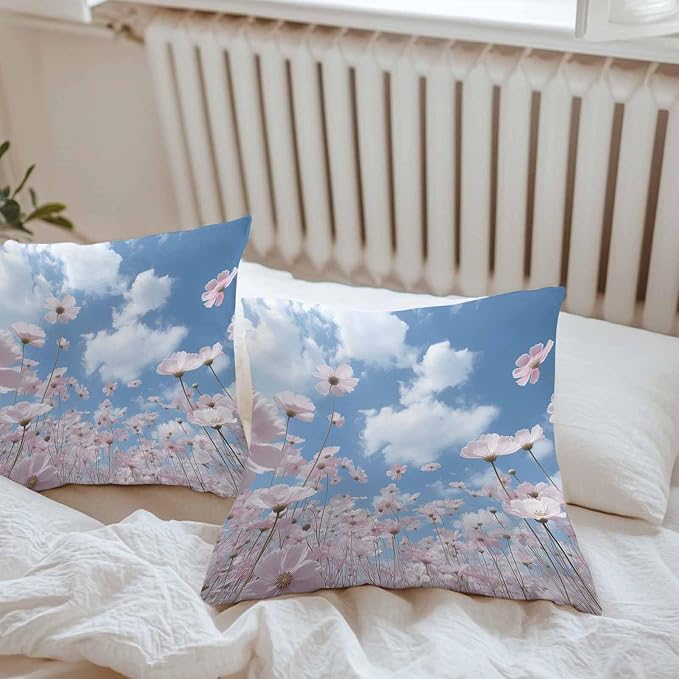 Vandarllin Outdoor Throw Pillows Covers 24x24 inch Set of 2 Waterproof Blue Sky Cloud Decorative Zippered Cushion Covers for Patio Furniture, Pink Flower Lumbar Pillowcases