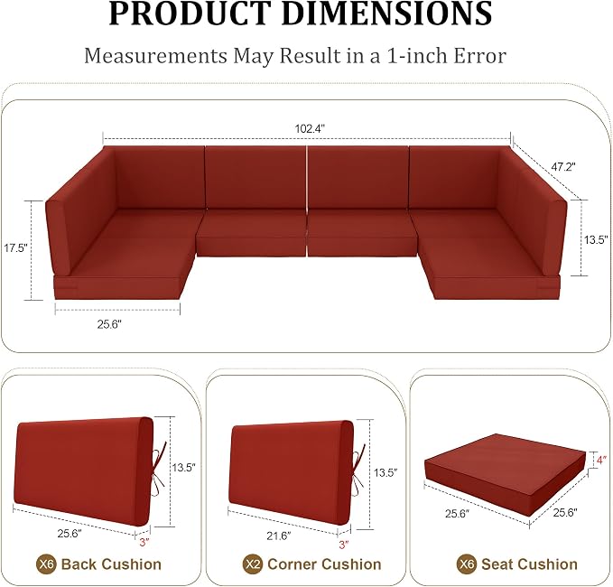 Outdoor Sectional Cushions 14-Piece Replacement Cushions Set for 6-Seat Patio Furniture Waterproof 4'' Thick Outdoor Sofa Cushion Patio Wicker Couch Cushion (Red, 14-Piece Set)