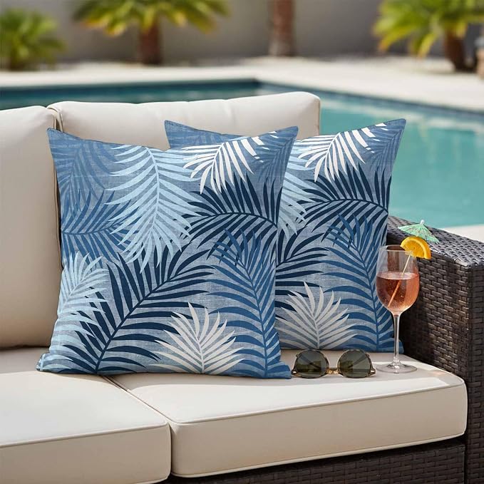 Outdoor Waterproof Throw Pillow Covers, Navy Blue Palm Leaves Decorative Pillow Cases, Summer Botanical Tropical Leaf Couch Pillow Protector Patio Sofa Cushion Covers Replacement 20"x20" 2 Pack