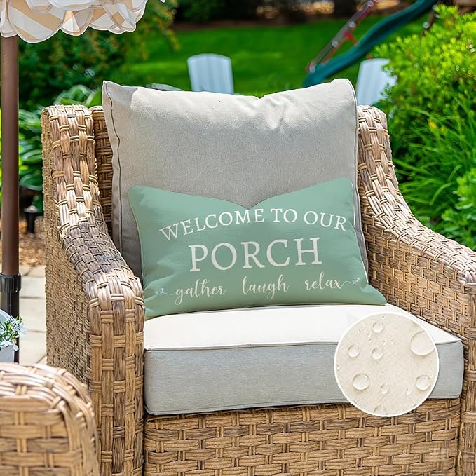 RABUSOFA Welcome to Our Porch Decor Outdoor Pillow Covers Waterproof,12x20 Set of 2 Eucalyptus Green Stay Awhile Relax Lumbar Cushion Case Decorations for Patio Couch (Green)