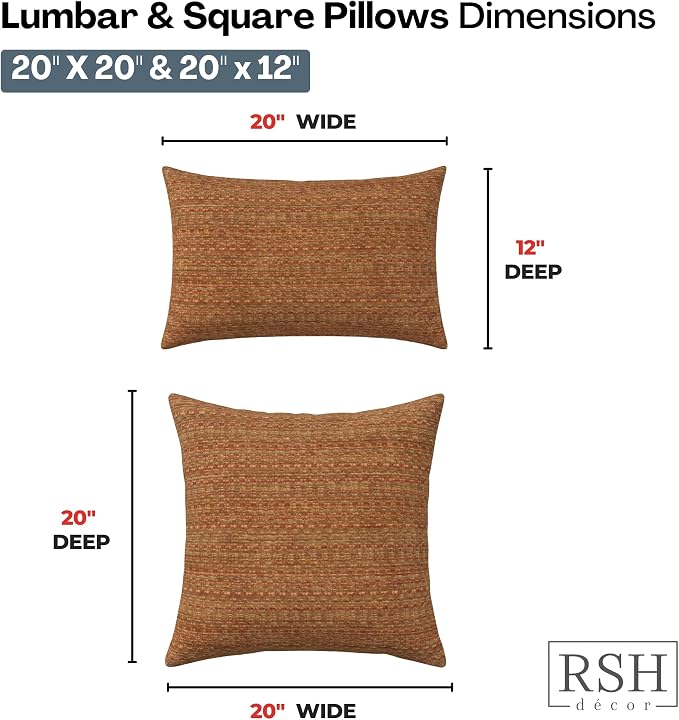 RSH DECOR: Sunbrella Lumbar & Square Pillows Set of 4 | 20" x 12" & 20" x 20" | Water and Fade-Resistant Performance Fabric | Outdoor Throw Pillows for Patio Furniture | Made in USA (Simone Sinnabar)