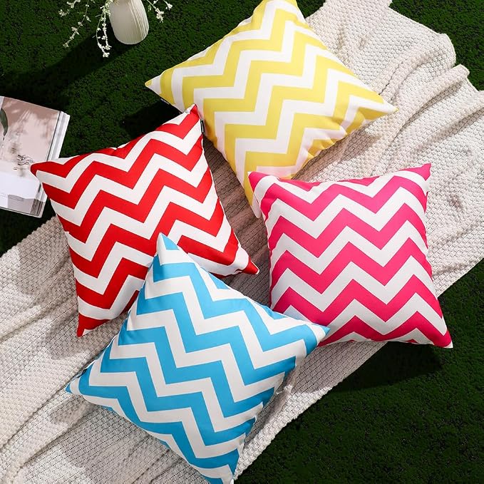 WEMEON Outdoor Waterproof Pillow Covers18x18in Set of 4, Solid Color Pillows Decorative Square Patio Furniture Pillows for Couch Patio Balcony Tent Garden(Red/Teal/Blue)